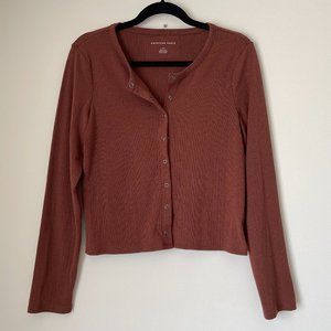 American Eagle Outfitters Ribbed Henley Brown Cardigan